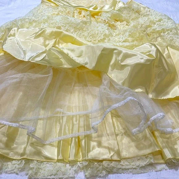 80’s ZUM ZUM Vtg Yellow Lace Frilly Satin Sequins Sash Prom Gown Wedding Dress - Picture 14 of 17